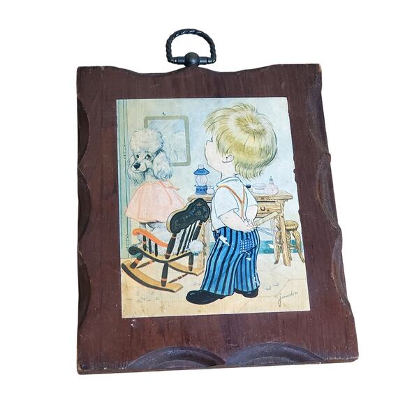 Jandro Lithograph Wood Wall Art 7" x 5.5" Vtg - Picture 1 of 5